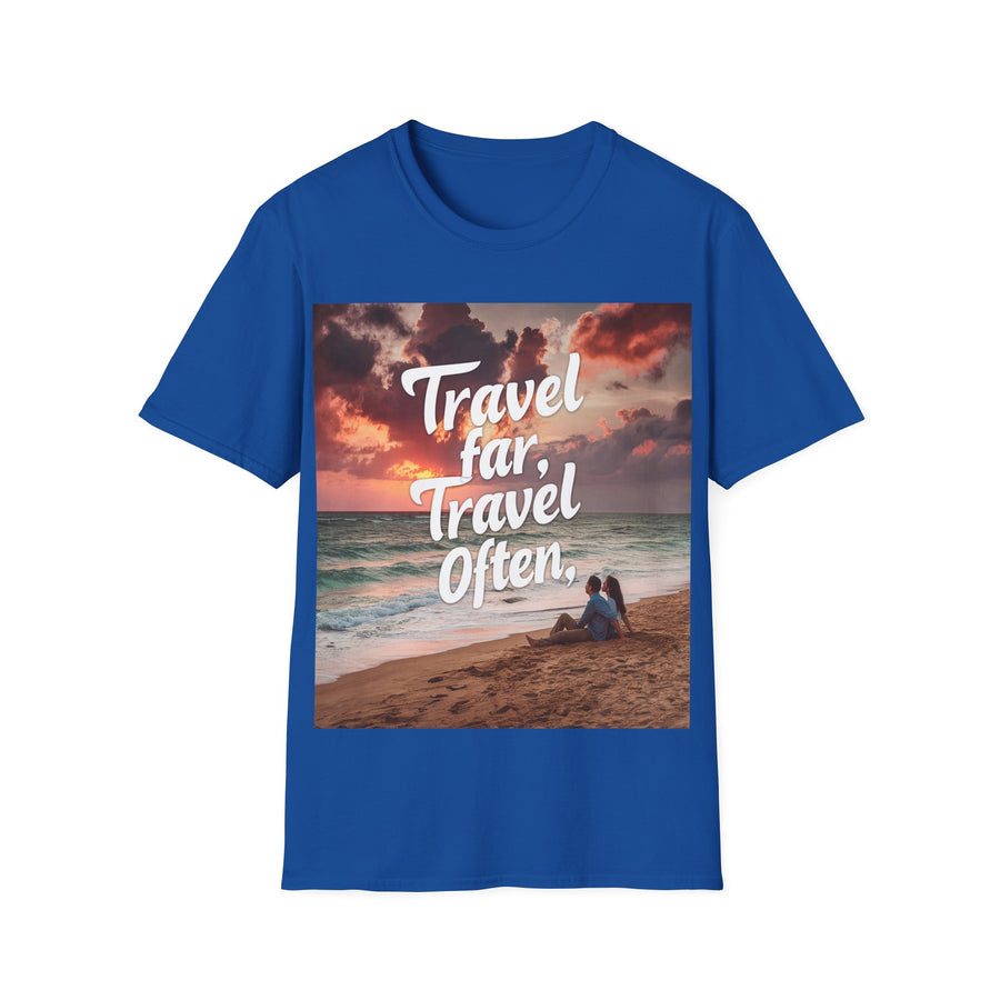 Travel far, Adventure Unisex Softstyle Printed Crew Neck T-Shirt