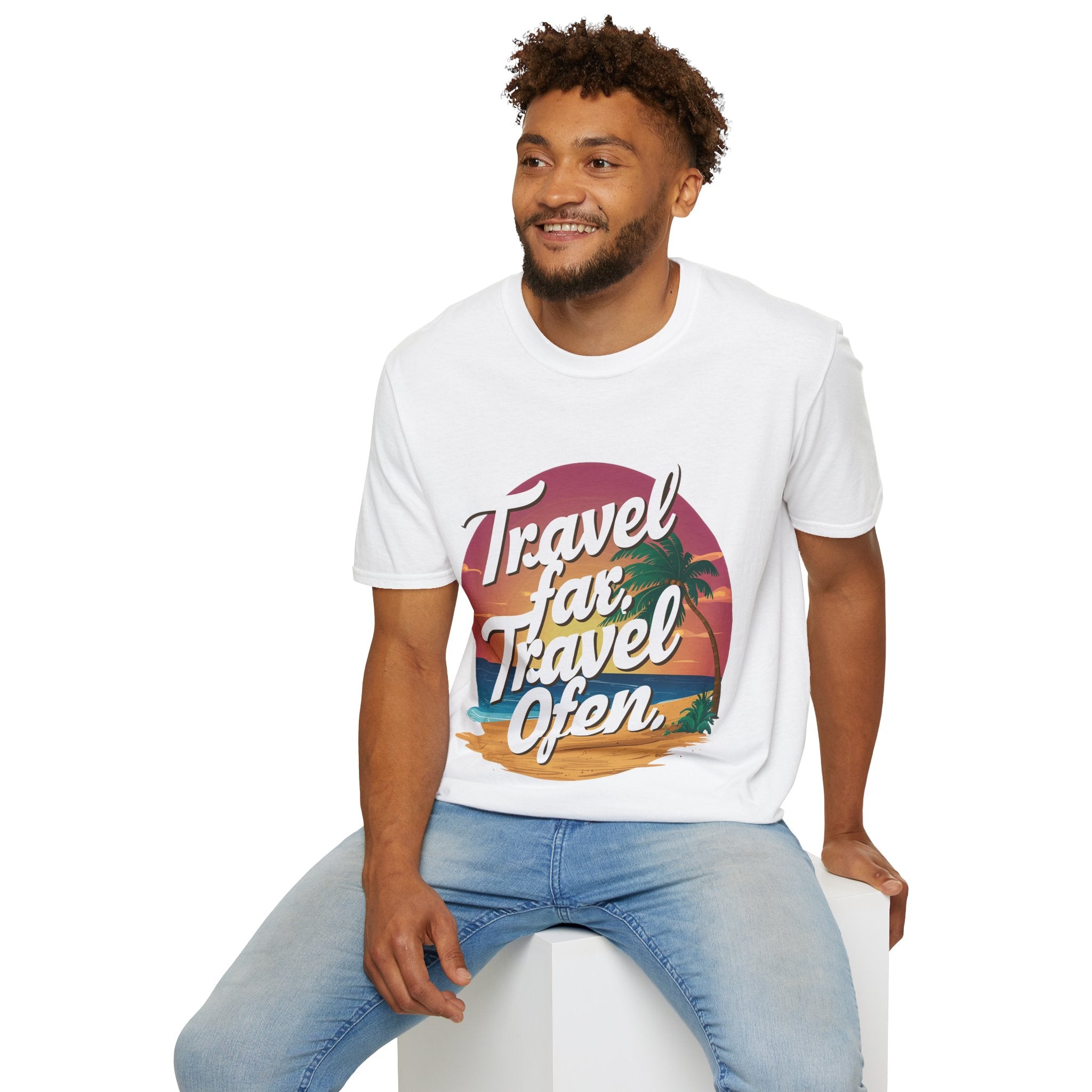 Travel far, Adventure Unisex Softstyle Printed Crew Neck T-Shirt