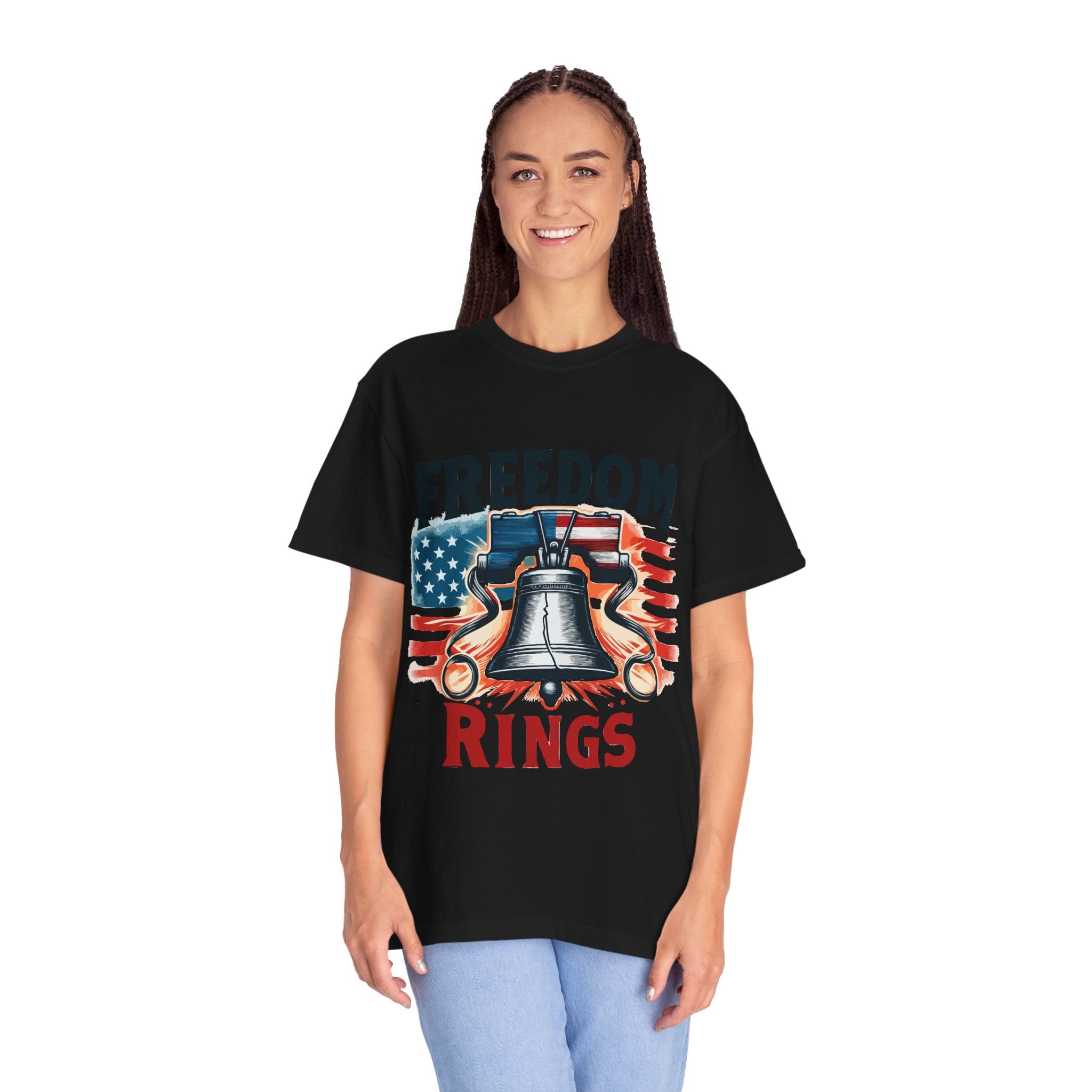 Unisex Garment-Dyed  Short Sleeve Freedom Rings Printed T-shirt-2