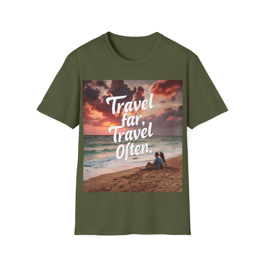 Travel far, Adventure Unisex Softstyle Printed Crew Neck T-Shirt