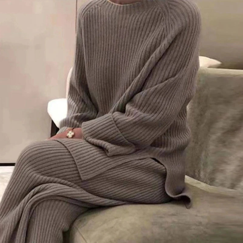 Elegant Solid O-Neck Knitted Sweater Suit for Women: Pullovers + Wide Leg Pants Set. Perfect for Autumn and Winter, this soft 2-piece set is ideal for homewear.