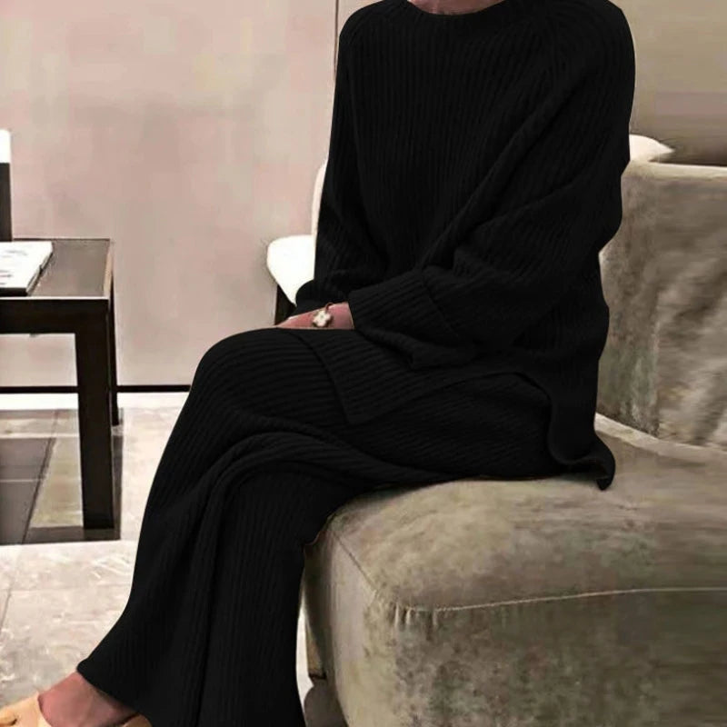 Elegant Solid O-Neck Knitted Sweater Suit for Women: Pullovers + Wide Leg Pants Set. Perfect for Autumn and Winter, this soft 2-piece set is ideal for homewear.