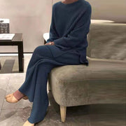 Elegant Solid O-Neck Knitted Sweater Suit for Women: Pullovers + Wide Leg Pants Set. Perfect for Autumn and Winter, this soft 2-piece set is ideal for homewear.