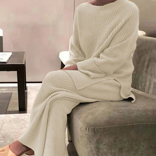 Elegant Solid O-Neck Knitted Sweater Suit for Women: Pullovers + Wide Leg Pants Set. Perfect for Autumn and Winter, this soft 2-piece set is ideal for homewear.