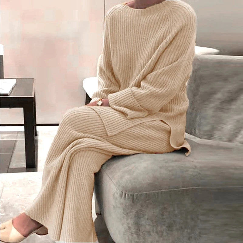 Elegant Solid O-Neck Knitted Sweater Suit for Women: Pullovers + Wide Leg Pants Set. Perfect for Autumn and Winter, this soft 2-piece set is ideal for homewear.