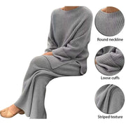 Elegant Solid O-Neck Knitted Sweater Suit for Women: Pullovers + Wide Leg Pants Set. Perfect for Autumn and Winter, this soft 2-piece set is ideal for homewear.