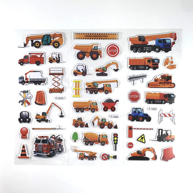 Set of 12 Engineering Vehicle Excavator Cartoon Bubble Stickers for Kids.