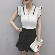 Slim Crop Tops Women Turn-down Collar Knitted T-shirts Sleeveless Ruffles T Shirt