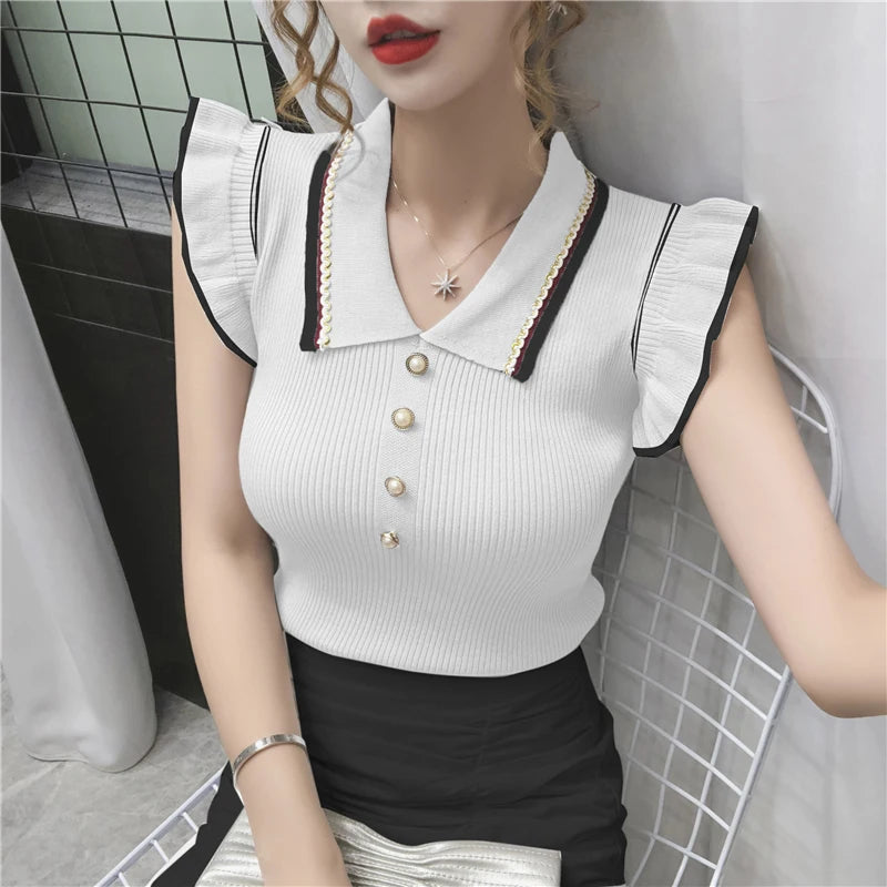 Slim Crop Tops Women Turn-down Collar Knitted T-shirts Sleeveless Ruffles T Shirt