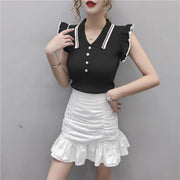 Slim Crop Tops Women Turn-down Collar Knitted T-shirts Sleeveless Ruffles T Shirt