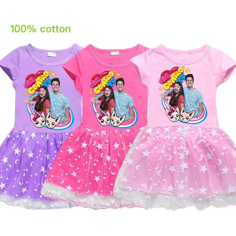 Kids Dresses Cute Cotton Gauze Full Dress Teenagers Cartoon Baby Girls Party Clothing