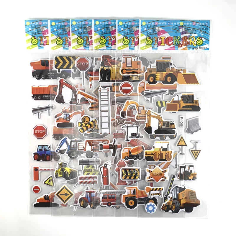 Set of 12 Engineering Vehicle Excavator Cartoon Bubble Stickers for Kids.