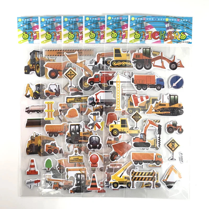 Set of 12 Engineering Vehicle Excavator Cartoon Bubble Stickers for Kids.