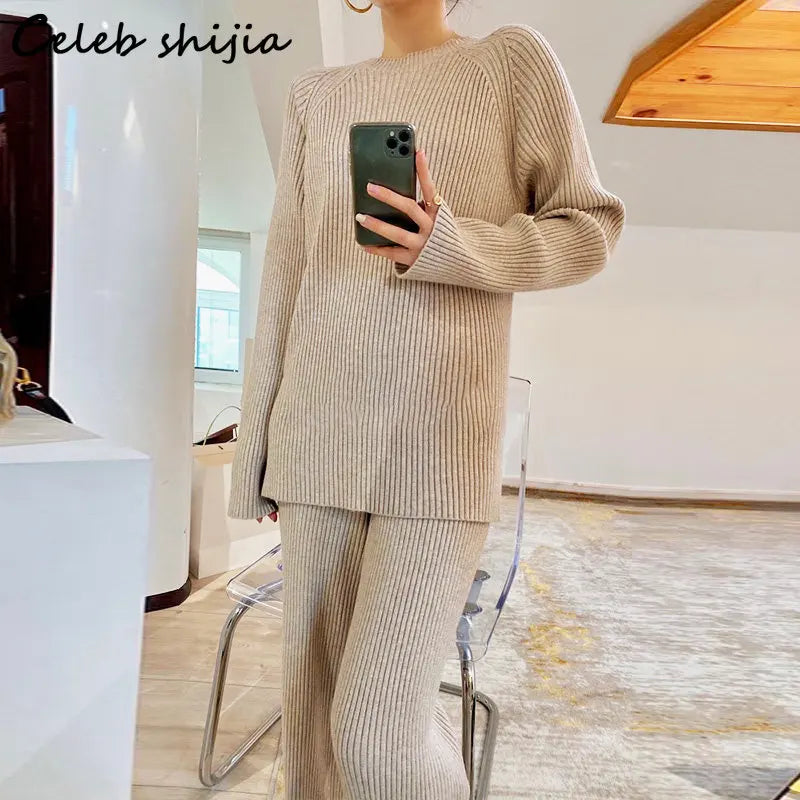 Women  Sweater Wide Leg Pants Winter Autumn Chic Korean Woole Two Piece Sets Ladies Streetwear Knit Pants Sets