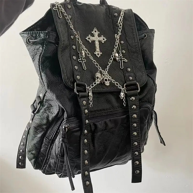 MBTI Goth Y2k Backpacks for Women Black Punk Rivet Chain School Students Bag Pu Leather Cross Skeleton Fashion Female Backpacks