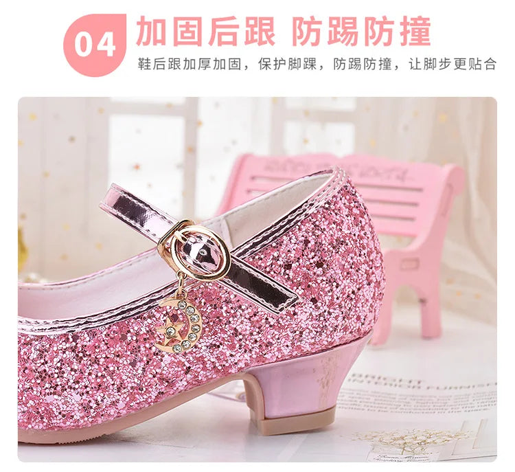 Girls Shoes Children High Heel Glitter Crystal Sandals Fashion Buckle Kids Princess Dance Shoe Student Performance Leather Shoes