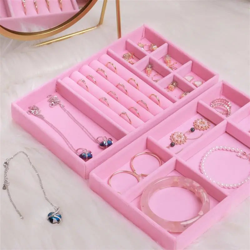 Stackable velvet jewelry display tray case organizer