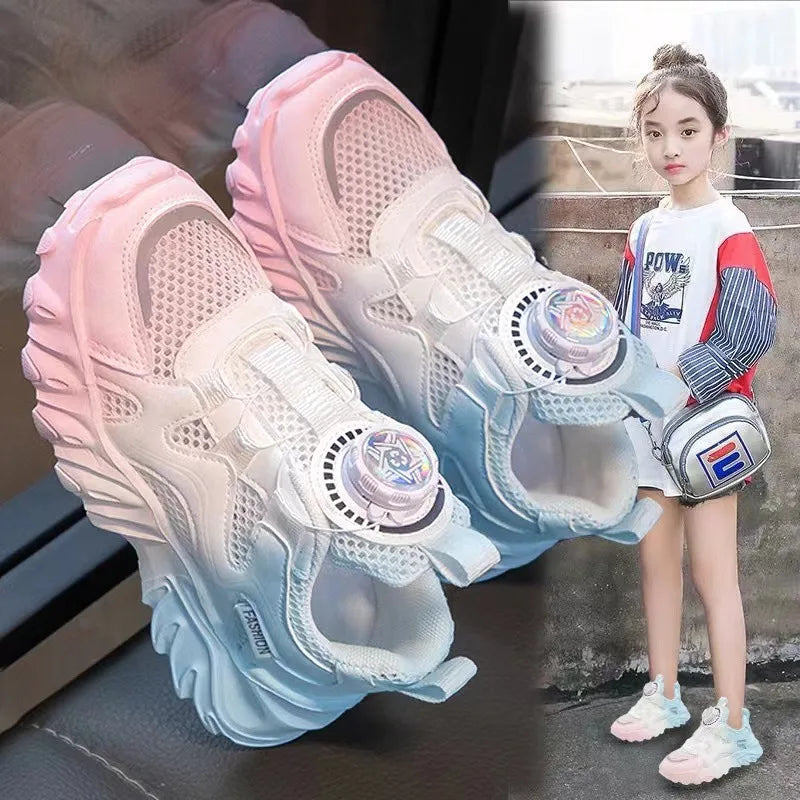 Kids' White Mesh Running Shoes with Rotating Button