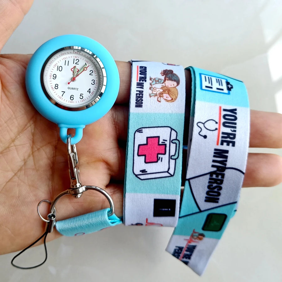 Cartoon lanyards for medical staff with keychains and watches.