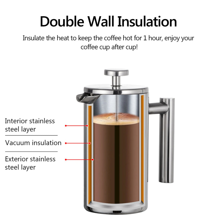 French Press Coffee Maker Pot - Insulated Stainless Steel