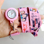 Cartoon lanyards for medical staff with keychains and watches.