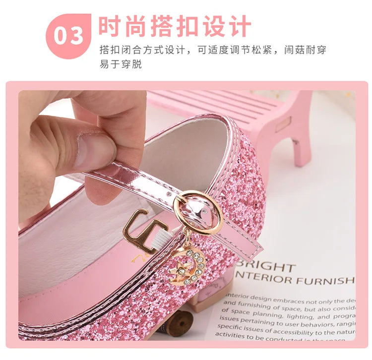 Girls Shoes Children High Heel Glitter Crystal Sandals Fashion Buckle Kids Princess Dance Shoe Student Performance Leather Shoes