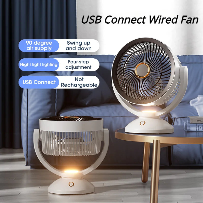 Fan USB, Table/Desktop/Wall-Mounted, 360-Degree Rotation with Light.