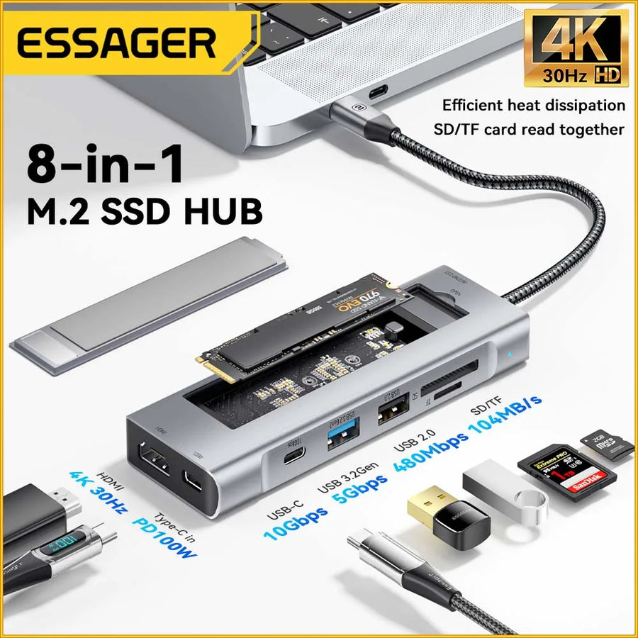 8-in-1 USB Hub with Disk Storage Function USB Type-C to HDMI-Compatible Laptop Dock Station for MacBook Pro Air M1 M2