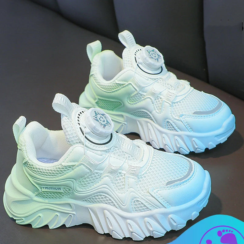 Kids' White Mesh Running Shoes with Rotating Button