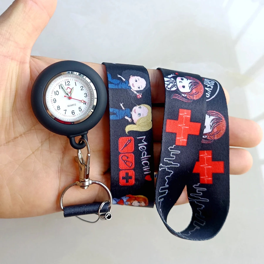 Cartoon lanyards for medical staff with keychains and watches.