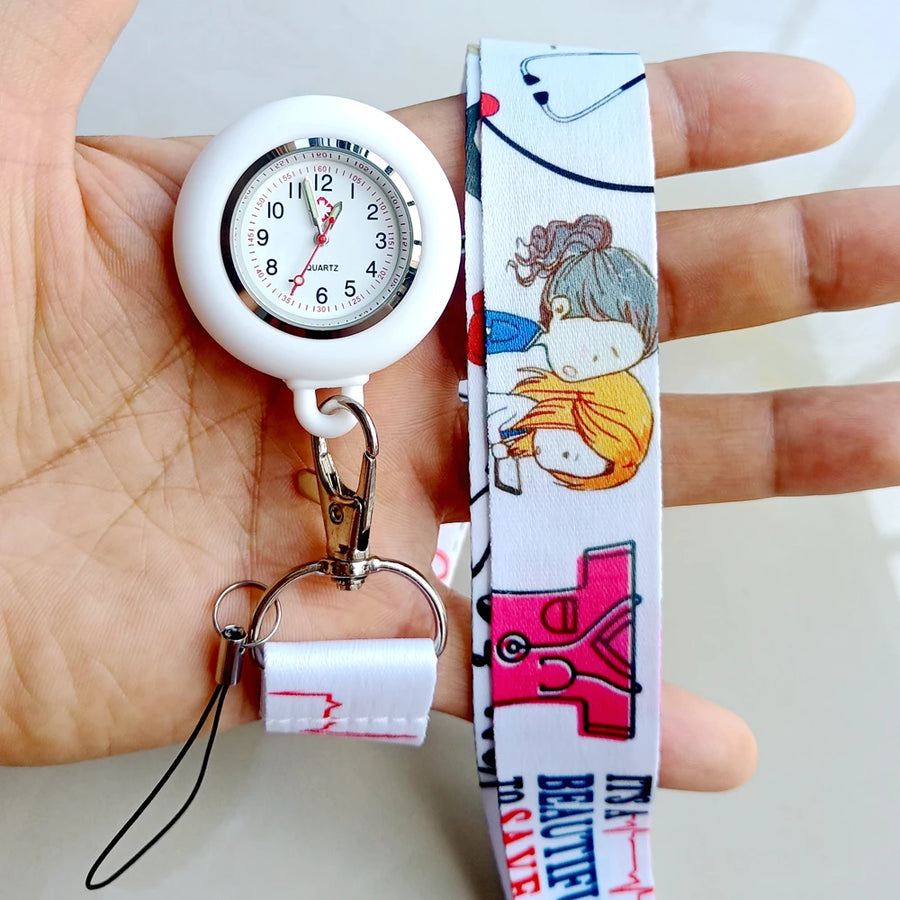 Cartoon lanyards for medical staff with keychains and watches.