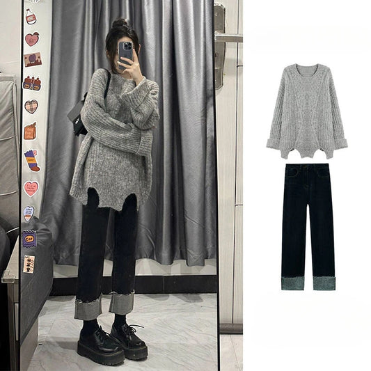 Women's Autumn/Winter New O-Neck Sweater Knit Pullover Tops with Straight Denim Pants - Ladies' Two-Piece Sets R603