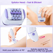 Rechargeable electric epilator for women's leg, body, facial, and bikini hair removal.