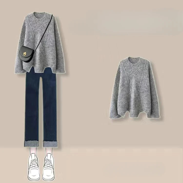 Women's Autumn/Winter New O-Neck Sweater Knit Pullover Tops with Straight Denim Pants - Ladies' Two-Piece Sets R603