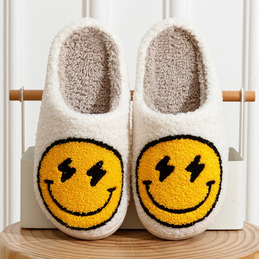 Women's Cute Lightning Smile Face Slippers - Funny and Casual Footwear for Winter. These Fluffy Smiling Slides are perfect for indoor use at home.