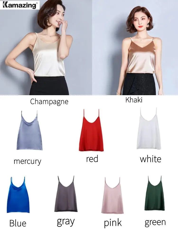 Summer Solid Sleeveless Crop Casual Camis Tank Tops Ladies V-Neck Female Vest Women Imitation Silk Blouses