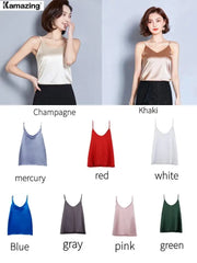 Summer Solid Sleeveless Crop Casual Camis Tank Tops Ladies V-Neck Female Vest Women Imitation Silk Blouses