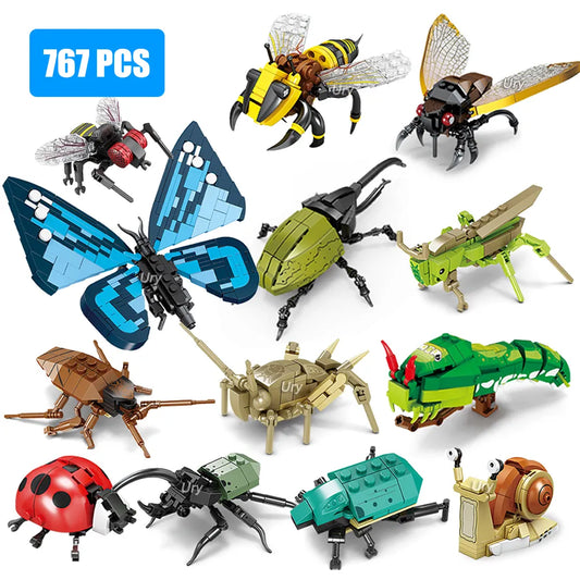 Insect Animal Model Bee Butterfly Cricket Grasshopper Set Building Blocks Diy Children Puzzle Assemble Toys For Kid Gifts