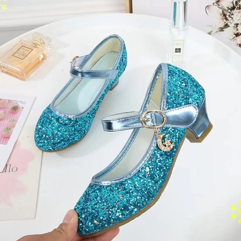 Girls Shoes Children High Heel Glitter Crystal Sandals Fashion Buckle Kids Princess Dance Shoe Student Performance Leather Shoes