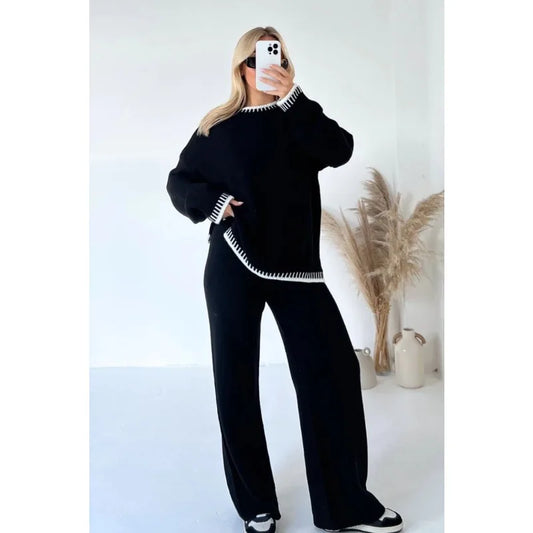 New European & American Autumn and Winter  Fashion Solid Color Casual Sweater Loose Long Pants Two-Piece Sets