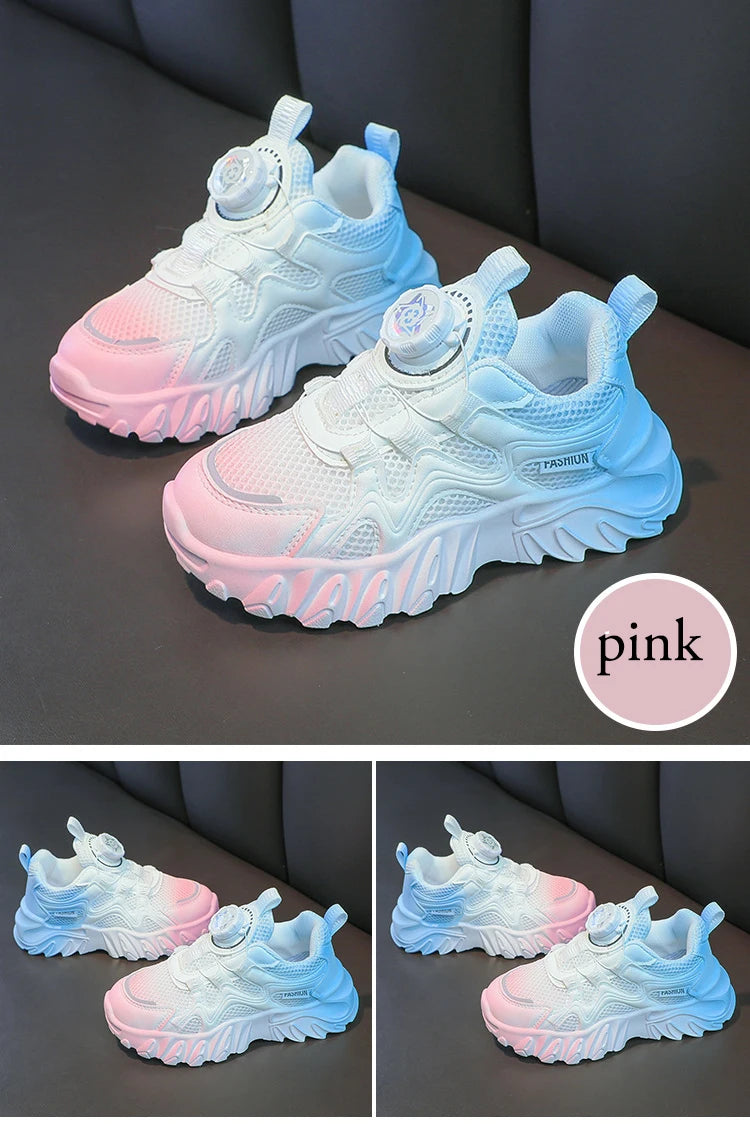 Kids' White Mesh Running Shoes with Rotating Button