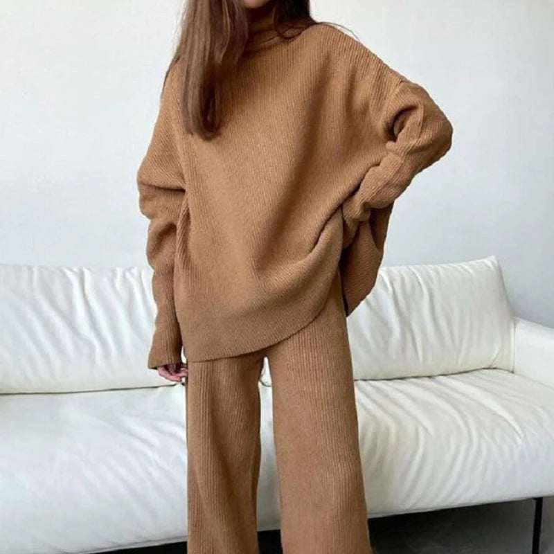 Women's Knitted Suit: Jocoo Jolee Two-Piece Autumn Winter Homewear Set with Soft Turtleneck, Long Sleeve Sweater, and Wide Leg Pants.