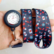 Cartoon lanyards for medical staff with keychains and watches.