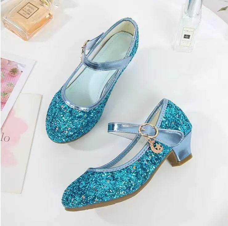 Girls Shoes Children High Heel Glitter Crystal Sandals Fashion Buckle Kids Princess Dance Shoe Student Performance Leather Shoes