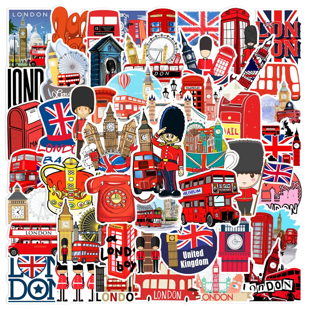 10/50Pcs Classic British Style Stickers Laptops Luggage Sticker Red Bus Phone Booth London England Red Decorative Toys Wholesale