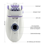 Rechargeable electric epilator for women's leg, body, facial, and bikini hair removal.