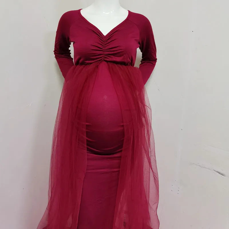 Pregnancy Photo Shoot Boho Lace Maternity Photography Props Dresses Free Size Adjustable Bohemian Long Dress Pink