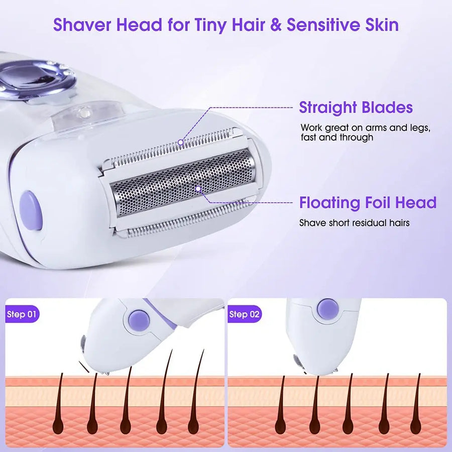 Rechargeable electric epilator for women's leg, body, facial, and bikini hair removal.