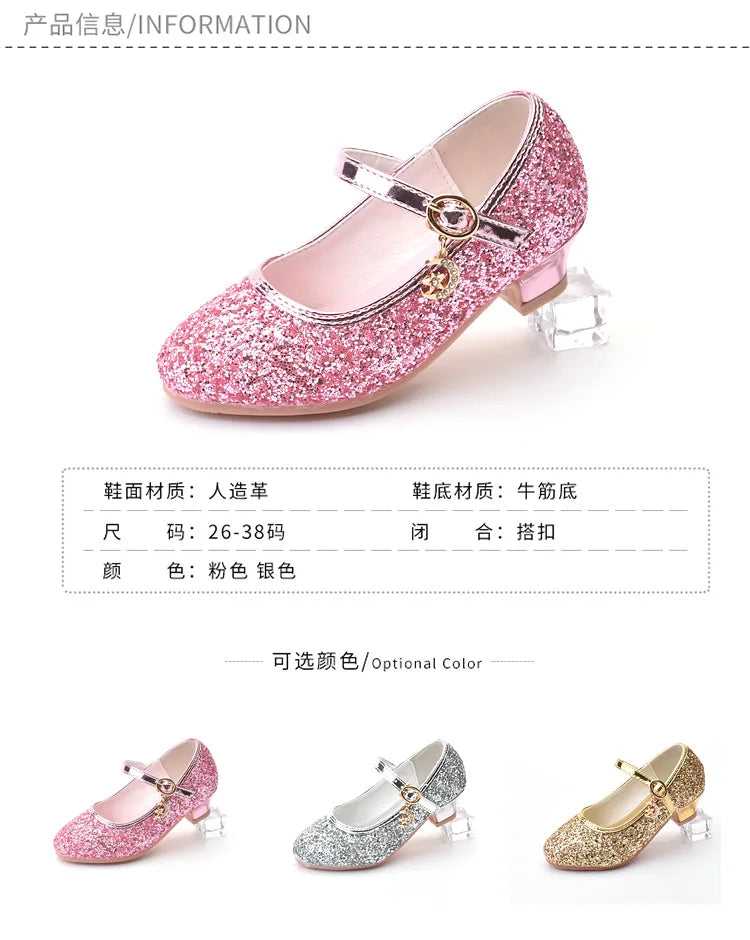 Girls Shoes Children High Heel Glitter Crystal Sandals Fashion Buckle Kids Princess Dance Shoe Student Performance Leather Shoes