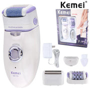 Rechargeable electric epilator for women's leg, body, facial, and bikini hair removal.